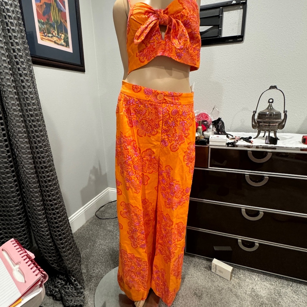 Caroline Constas Linen Floral Print Wide Leg Crop Top 2 Piece P5